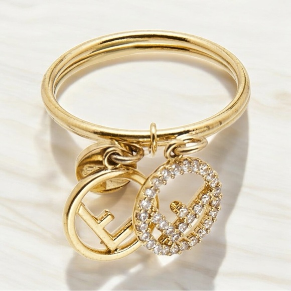 FENDI Gold Double Ring Crystal Charm Set with Box (Size 7) - Picture 1 of 12
